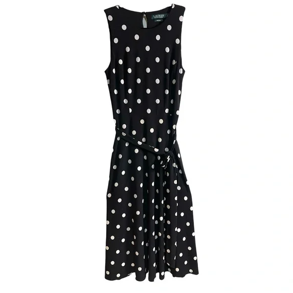 Ralph Lauren Black & White Polka Dot Midi Sleeveless Dress Belted Women’s Size 2 - Picture 4 of 11